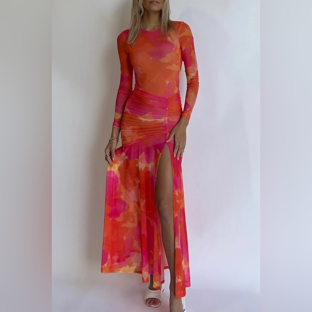 YLLW the label OLIVIA MAXI DRESS ORANGE  PINK FLORAL long sleeve